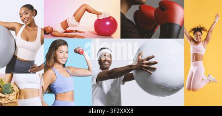 Happy Young Women Exercising Together At Gym, Fitness And Healthy Lifestyle Concept Stock Photo
