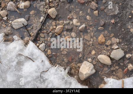 Melting snow and ice revealing stones in shallow water early spring nature background Stock Photo