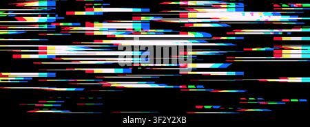Noise tv glitch with pixel effect digital and background vhs pattern. Texture neon overlay with screen font game and retro 80s camera. Light line geom Stock Vector