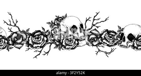 Gothic seamless border with skulls, roses and dry branches. Graphic vector illustration for Halloween or Day of the Dead with white background. Repeat Stock Vector