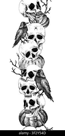 Halloween vertical border seamless dry branches, human skulls, pumpkins, black Raven. Engraving style vector. Gothic hand drawn isolated illustration Stock Vector