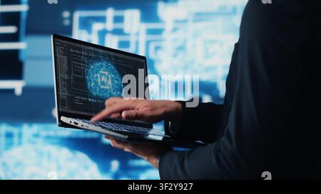 Modern entrepreneur strategizing AI driven transformation using data science, analytics and high tech user interface design. Platforms, neural networks and cyberspace innovation. Camera A. Stock Photo