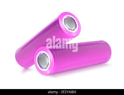 Alkaline batteries in magenta color isolated on white Stock Photo