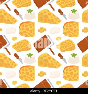 Cheese slices with cheese slicer seamless pattern Stock Vector