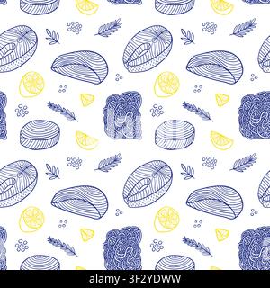 Fish and pasta hand drawn seamless pattern Stock Vector