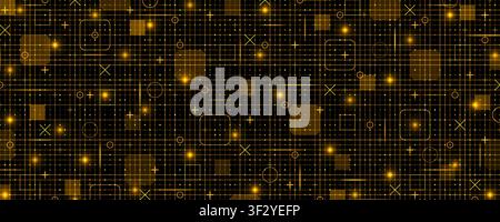 Black and gold fui HUD grid background. Hi tech GUI digital dashboard interface. Futuristic VR game ai screen. Mesh pattern in blueprint style. Vector Stock Vector