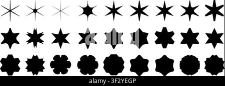 Set of black stars icons. Star shapes collection. Minimalist simple stars pack. Christmas star objects isolated on transparent background. Vector png Stock Vector