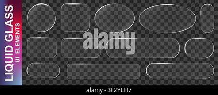 Realistic white glassmorphism style basic IU mockup elements isolated on transparent background. Neon glass transparent frame collection. Blur grass s Stock Vector