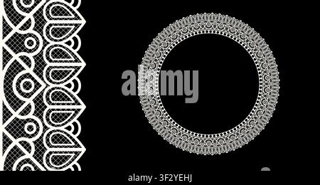 Seamless realistic textured lace border round frame isolated on black. Vintage crochet embroidery frame. Classic ornament border trim ribbon line. Vec Stock Vector