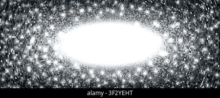 Abstract silver mosaic disco sequin pattern. Luxurious grey glittering halftone cover. Disco ball texture. Shining sun explosion backdrop. Gradient re Stock Vector