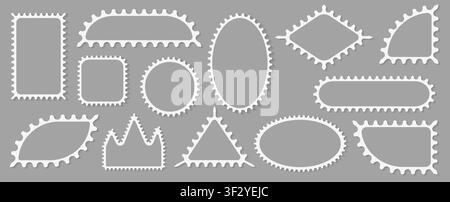 Pack of scalloped white postage frames isolated. Outline border template. Simple minimalist label text box. Blank scallop edge stamp mockup. Vector il Stock Vector