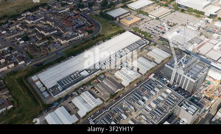 Aerial view of rooftop cooling systems on large data centers in Slough, showing cloud infrastructure, power demand and digital technology near London. Stock Photo