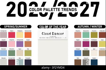 2026 - 2027 fashion trends color palette isolated on transparent background. Palette fashion colors guide with names, CMYK, RGB, HEX colors. Vector PN Stock Vector