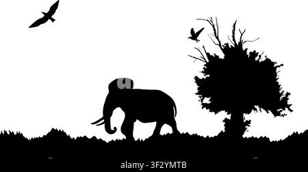 Jungle black hand drawn silhouette with old tree, birds and elephant isolated on transparent background. Vector EPS Stock Vector
