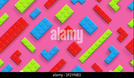Seamless background made with realistic multicolor plastik constructor blocks on dark pink background. Play and build concept. Vector illustration Stock Vector