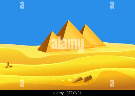 Cartoon style Egyptian pyramids in the desert with blue sky. Vector illustration Stock Vector