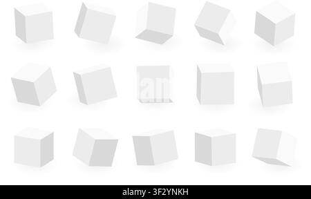 White 3D cube pack isolated on transparent background. Multiple cubes. Different light, perspective and angle. Vector PNG Stock Vector