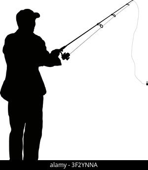 Silhouette of fisherman with fishing rod isolated on transparent background. Vector PNG Stock Vector