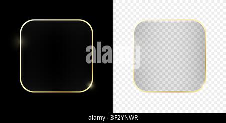 Realistic glass shiny effect gold frame isolated on black and transparent background. Modern Ui element, button. Vector PNG illustration Stock Vector