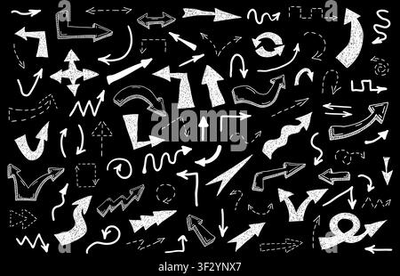 Big set of white grunge doodle hand drawn arrows isolated on black. Sketch style ink symbols collection. Vector illustration Stock Vector