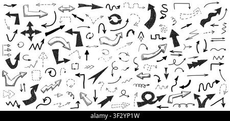 Big set of black grunge doodle hand drawn arrows isolated on white. Sketch style ink symbols collection. Vector illustration Stock Vector