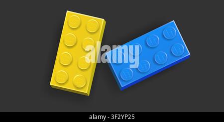 Realistic yellow and blue Lego plastik constructor parts 4x2 isolated on dark grey background. Vector editorial illustration Stock Vector