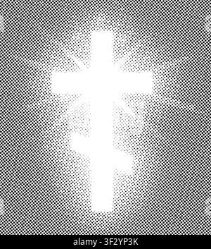 Black and white halftone style shining Orthodox cross. Riligious symbol. Glowing Saint cross. Easter and Christmas sign. Round pixel dots style. Vecto Stock Vector