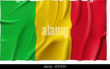 Realistic Mali country flag isolated on a transparent background. Silk atlas detailed fabric flag. Vector PNG Stock Vector