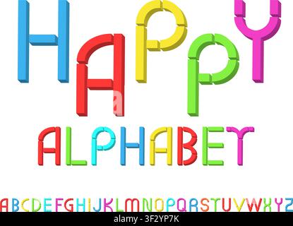 Vector tridimensional decorative multicolor rainbow font "Happy alphabet" isolated on transparent background. Vector PNG Stock Vector