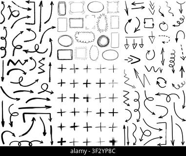 Collection of black hand drawn arrows, frames and plus symbols isolated on transparent background. Simple, grunge, sketch, modern style. Vector PNG Stock Vector