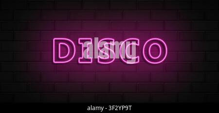 Disco sign and heart made with realistic pink led neon tubes on black wall background. Light effec. Detailed vector illustration Stock Vector