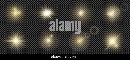 Realistic shine and glow effects pack isolated on dark transparent background. Sparkles and explosion effects. Stars and light beams. Sun light effect Stock Vector