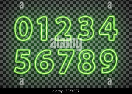 Green numbers font made with led neon tube isolated on transparent background. Light glowing effect numbers. Detailed vector illustration Stock Vector