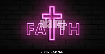 Faith sign and heart made with realistic pink led neon tubes on black wall background. Light effec. Detailed vector illustration Stock Vector