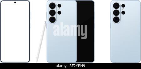Detailed blue mobile phone with stylus mockup. Front and rear view isolated on transparent background. Vector PNG Stock Vector