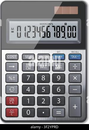 Realistic detailed metal calculator mockup template isolated on transparent background. Calculator numbers font inside. Vector PNG Stock Vector