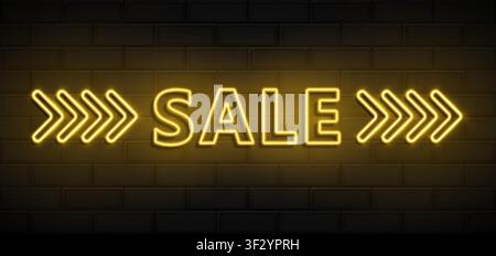Sale sign and heart made with realistic yellow led neon tubes on black wall background. Light effec. Detailed vector illustration Stock Vector