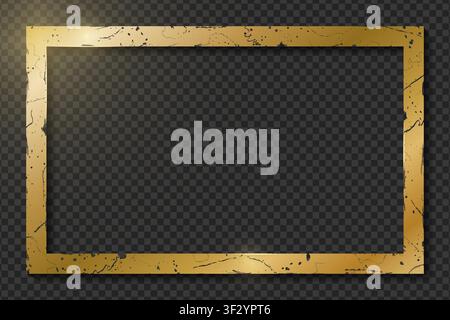 Gold shiny glowing vintage aged frame with shadows isolated on transparent background. Golden luxury realistic rectangle border. Old golden luxury pho Stock Vector