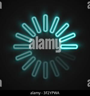 Round download sign in realistic led neon tube style isolated on black background. Cyan load icon. Data loading bar. Detailed vector illustration Stock Vector