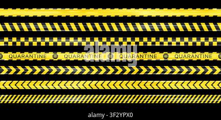 Photorealistic detailed realistic Black and yellow seamless warning stripe line pack isolated. Biohazard covid lines. Realistic police tape. Vector il Stock Vector
