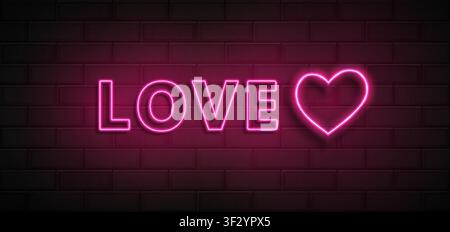 Photorealistic detailed Love sign and heart made with realistic pink led neon tubes on black wall background. Light effect. Vector illustration Stock Vector