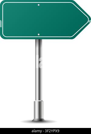 Realistic arrow traffic sign on metal steel pole isolated. Green road panel mockup - direction highway, board text, city location, street arrow, stop, Stock Vector