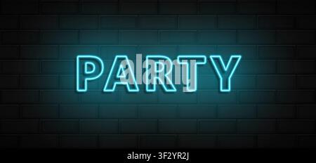 Party sign and heart made with realistic cyan led neon tubes on black wall background. Light effec. Detailed vector illustration Stock Vector