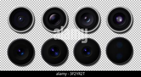 Realistic high detailed modern camera lens pack. Smartphone, camera close uo isolated on transparent background. Vector illustration Stock Vector