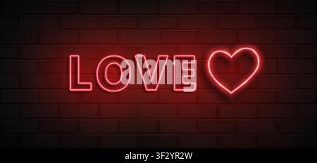Love sign and heart made with realistic red led neon tubes on black wall background. Light effec. Detailed vector illustration Stock Vector