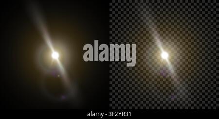 Realistic sun with reflections. Sunbeam with chromatic aberrations, lens flare, starburst, halo, backlight isolated on black and transparent backgroun Stock Vector