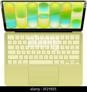 Photorealistic detailed New Apple Macbook NEO 2026 Citrus mockup. Front view of opened notebook with keyboard isolated on transparent background. Vect Stock Vector