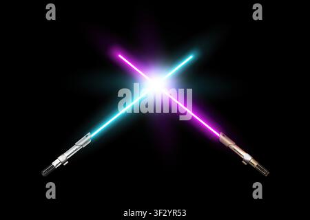 Photorealistic detailed realistic design cyan and purple neon crossed swords isolated. Vector illustration Stock Vector