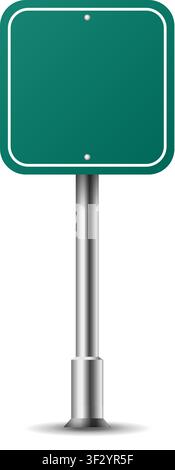 Realistic square traffic sign on metal steel pole isolated. Green road panel mockup - direction highway, board text, city location, street arrow, stop Stock Vector