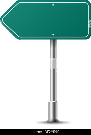 Realistic arrow traffic sign on metal steel pole isolated. Green road panel mockup - direction highway, board text, city location, street arrow, stop, Stock Vector